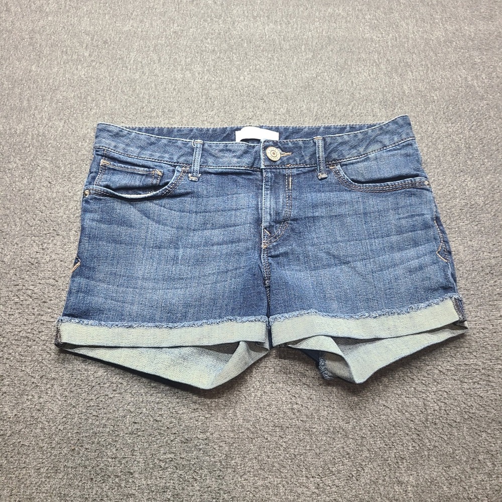 Express‎ Denim Shorts Women 6 Blue Excellent Cuffed Raw Hem Embroidered Pockets